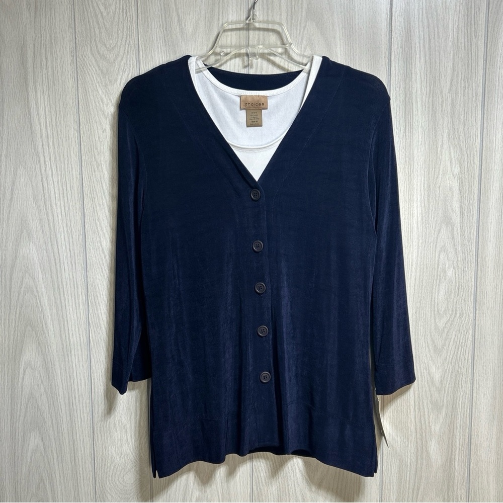 NWT Choices Navy Blue Button Front Cardigan With White Sleeveless Blouse Medium